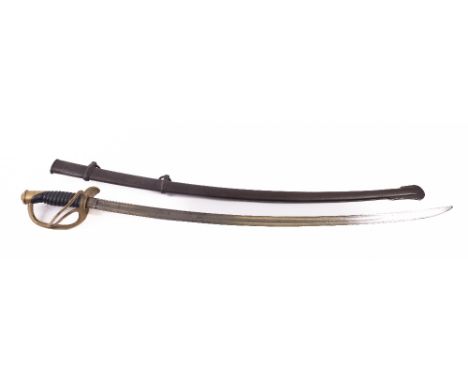 A brass hilted Vintage Sabre, with reeded black grip with single edged single fuller blade in steel scabbard, 110cms (43") ov