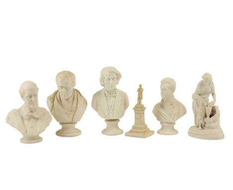 A collection of 19th Century Parian Busts, including The Duke of Wellington, Byron, Charles Sumner, MA, and one other; togeth