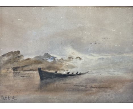 William Percy French, Irish (1854-1920)  "Currach on the Sands, West of Ireland," watercolour, extensive seascape with rocky 
