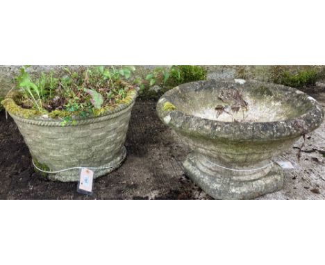 A circular basket moulded composition stone Planter, 28cms (11"); and another small composition Urn. (2) 