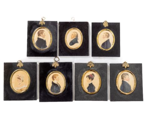 A good collection of 7 - 19th Century English Profile Miniatures, watercolours, comprising 5 Gentlemen, 3 facing right and 2 