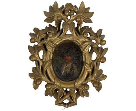 Early 19th Century Continental School  Small half-length oval Portrait of young Man in traditional costume, 10cms x 7cms (4" 