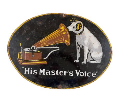 A Vintage enamel Advertisement Sign, for "His Masters Voice, (HMV)", approx. 44cms x 69cms, pierced and worn, as a sign, w.a.