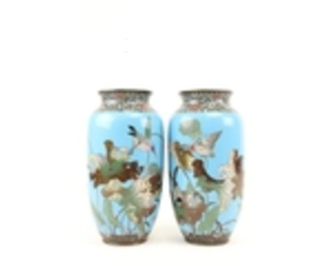 A fine pair of sky blue Japanese cloisonné enamel Vases, Meiji period - late 19th Century, each decorated with birds and wate