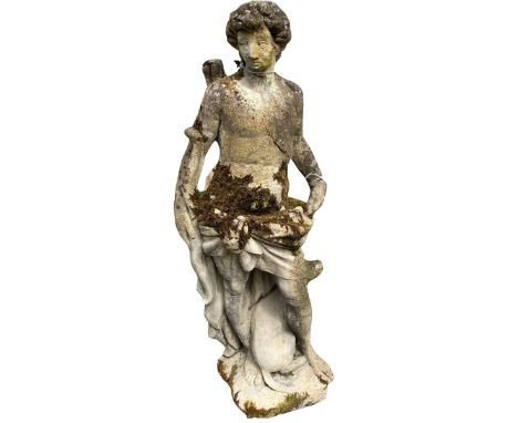 An almost life size composition&nbsp;stone Garden Figure,&nbsp;of a Classical semi-nude Male Hunter, with hound at feet, nice