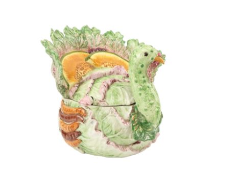 A large Italian Majolica style Soup Tureen, in the form of a turkey, moulded with lettuce leaves and cover with ladle, 30cms 