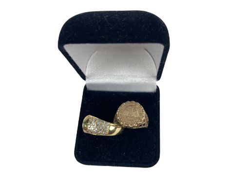 An 18ct gold American Eagle Signet Ring, (hallmark worn); together with a gold diamond set and wave design Ring with twenty s