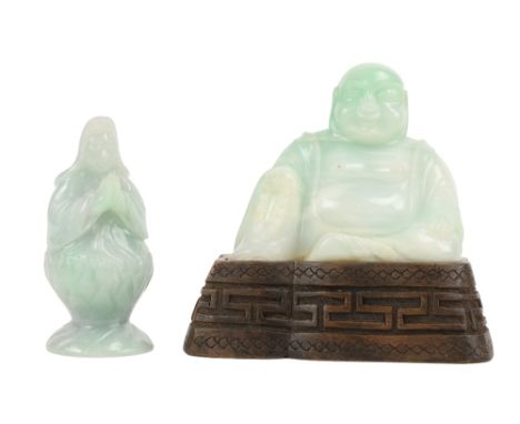 A very good old Chinese light blue carved jade Figure,&nbsp;of the smiling Happy Buddha holding a string of beads in right ha