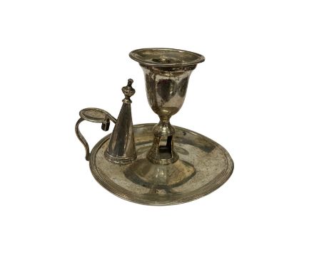 An Irish Georgian silver Chamber Candlestick, by William Bond, Dublin c. 1785, with circular dish base and a snuffer to the h