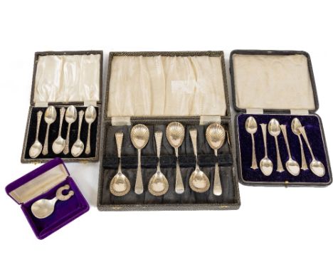 A set of 6 Victorian crested silver Berry Spoons, cased; together with two cased sets of 6 silver Teaspoons, all hallmarked; 