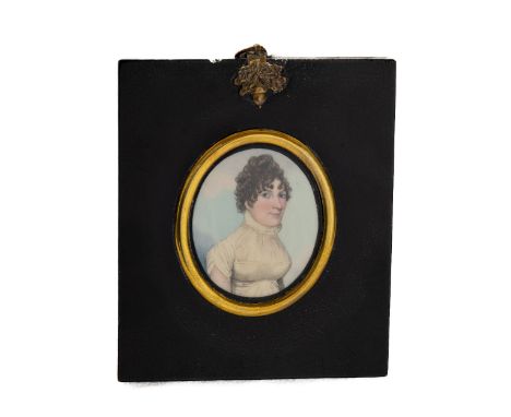 Frederick Buck (1771-1839/40)  A fine miniature Portrait of a Lady wearing a cream dress with high ruff collar, 5.6cms (2 1/2