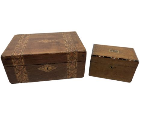 A rectangular Victorian walnut Tea Caddy, inscribed 'Tea' on a brass strip, 16.5cms (6 1/2"), together with a walnut and parq