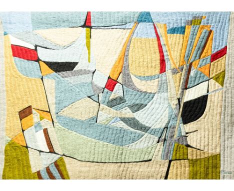 Silva Palmeira, Portuguese, (b. 1934)  "Barcos," woven tapestry, abstract colourful scene, approx. 100cms x 172cms (39 1/2" x