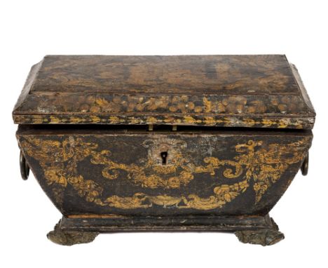 A 19th Century Chinese lacquered and gilt decorated Tea Caddy, designed with typical motifs, the lift top opening to reveal v