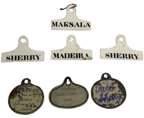 A collection&nbsp;of white ceramic Wine Bin Labels, for Madeira and Sherry; together with three metal Labels. (7) 