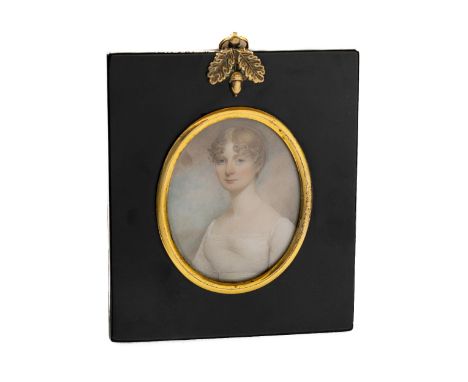 Attributed to William Thicke (1752-1830) A miniature oval Portrait of a Lady facing slightly left, wearing a cream spotted mu