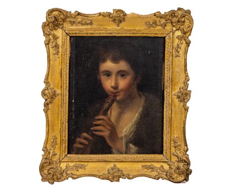 In the Manner of Jean Baptiste Greuze (1725-1805)  "Portrait of a Young Girl playing a wooden Whistle," O.O.Canvas Board,&nbs