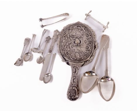 A pair of silver fiddle pattern Table Spoons, late George III, London 1828, four silver Sugar Tongs, a set of six silver shel