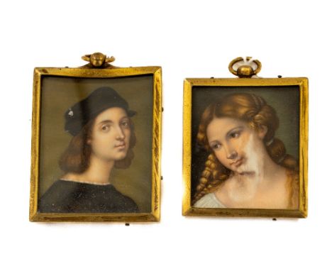 After Raffaello Sanzio  "Self Portrait (1483-1520)" in brass frame and another matching miniature Medieval style Portrait of 