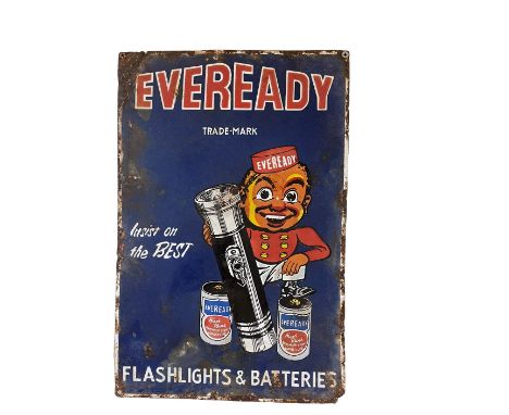 A Vintage enamel Advertisement Sign, "Eveready - Flash Lights and Batteries," approx. 46cms x 31cms; "Champion Spark Plugs, M