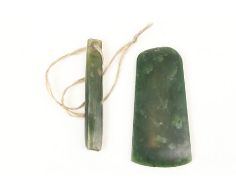 A rare 18th Century Nephrite Maori Ear Pendant, New Zealand, 8cms (3"); together with a Maori Nephrite jade Axe Head, 9cms (3