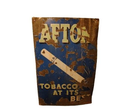 An original enamel Sign&nbsp;for 'Afton Tobacco at its Best,' the blue enamel ground with green text and central lit cigarett