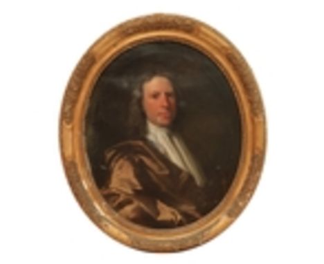 Late 17th Century English School&nbsp; 'Portrait of a Gentleman,' O.O.C., oval, half length depicting man in brown velvet coa