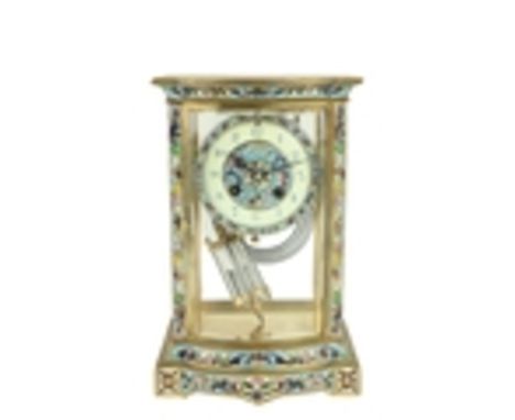 A good bow fronted brass and champlevé&nbsp;enamel four glass Mantle Clock, the movement by R. &amp; Co., Paris, striking on 