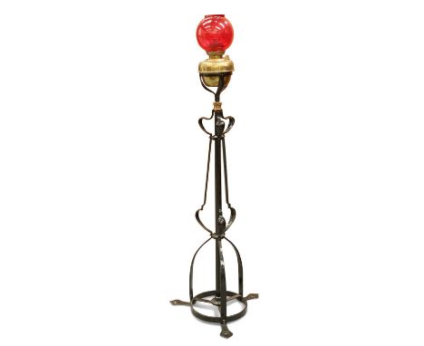 AN ART NOUVEAU PAINTED AND BRASS STANDARD LAMP AN ART NOUVEAU PAINTED AND BRASS STANDARD LAMP, of tri-form. 159cm high