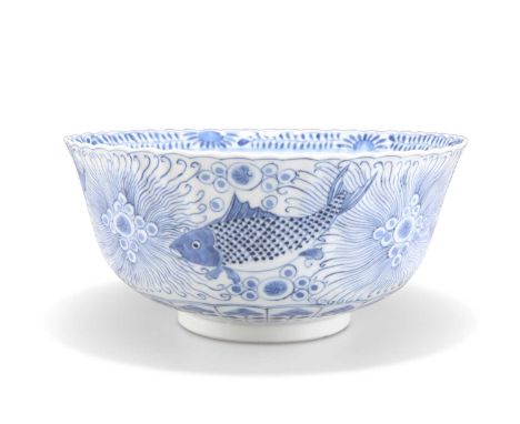 A CHINESE BLUE AND WHITE "CARP AND CRAB" BOWL, KANGXI MARK AND PROBABLY OF THE PERIOD A CHINESE BLUE AND WHITE "CARP AND CRAB