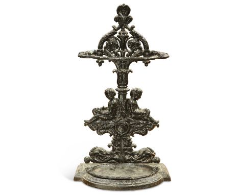 A VICTORIAN CAST IRON STICK STAND A VICTORIAN CAST IRON STICK STAND, cast with the figures of two putti. Height 86cm