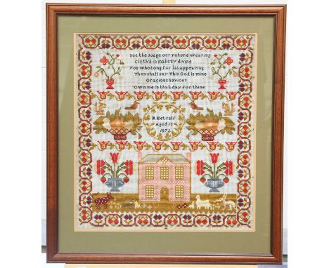 A VICTORIAN NEEDLEWORK SAMPLER, DATED 1872 A VICTORIAN NEEDLEWORK SAMPLER, DATED 1872, by M. Metcalf, Aged 13, worked with a 