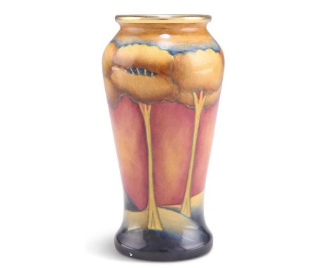 A MINIATURE MOORCROFT MINIATURE EVENTIDE PATTERN VASE A MINIATURE MOORCROFT EVENTIDE PATTERN VASE, tall baluster form with a 