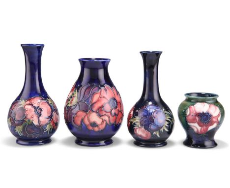 FOUR WALTER MOORCROFT ANEMONE PATTERN TUBE LINED POTTERY VASES FOUR WALTER MOORCROFT ANEMONE PATTERN TUBE LINED POTTERY VASES