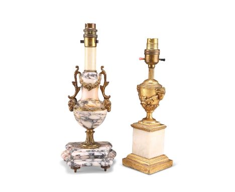A LATE 19TH CENTURY GILT-METAL MOUNTED MARBLE TABLE LAMP AND A GILT AND ONYX TABLE LAMP A LATE 19TH CENTURY GILT-METAL MOUNTE