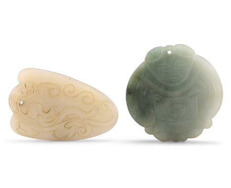 TWO JADE PENDANT PLAQUES A JADE PENDANT PLAQUE DEPICTING A FIGURE, 4cm diameter; and A JADE PENDANT PLAQUE, of arrow head for