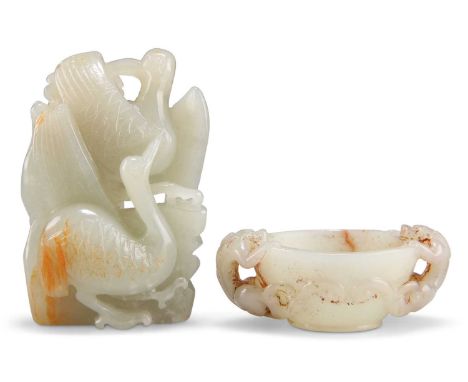 TWO JADE CARVINGS A JADE CARVING OF A PAIR OF CRANES, 7cm by 4cm by 2cm; and A JADE MINIATURE TWO HANDLED BOWL / CENSER, with