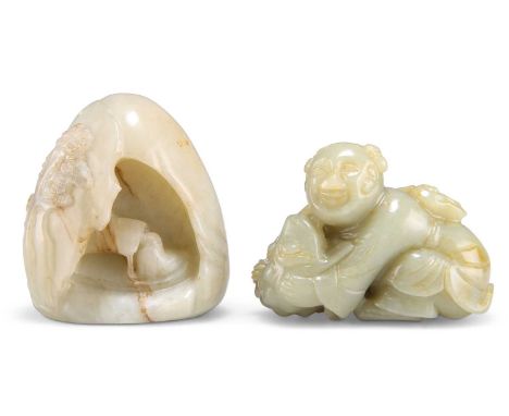 TWO JADE CARVINGS A JADE CARVING OF A BOY, MONKEY AND LOTUS, 4.5cm by 6cm by 3.5cm; and A JADE BOULDER CARVING OF A FIGURE IN