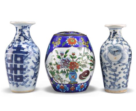 TWO 19TH CENTURY CHINESE BLUE AND WHITE BOTTLE VASES AND A CHINESE CLOISONNE ENAMEL TEA CADDY TWO 19TH CENTURY CHINESE BLUE A