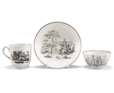THREE PIECES OF WORCESTER, CIRCA 1760 THREE PIECES OF WORCESTER, CIRCA 1760, comprising a coffee cup and tea bowl black print