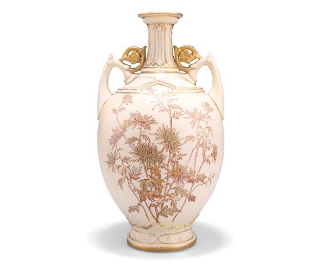 A ROYAL WORCESTER BLUSH IVORY TWO-HANDLED VASE A ROYAL WORCESTER BLUSH IVORY TWO-HANDLED VASE, ovoid form with angular scroll