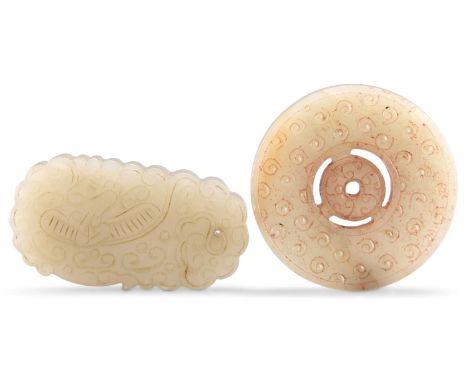 TWO JADE PENDANT PLAQUES A PIERCED CIRULAR JADE PENDANT PLAQUE, 4.3cm diameter; and A JADE PENDANT PLAQUE, carved with lingzh