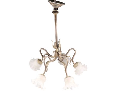 AN ART NOUVEAU BRASS FIVE-LIGHT CHANDELIER AN ART NOUVEAU BRASS FIVE-LIGHT CHANDELIER, each sinuous branch with leaf-mount, t
