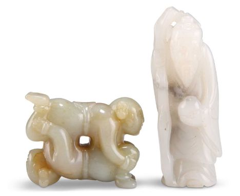 TWO JADE CARVING  A JADE CARVING OF A SAGE, 8.5cm high; and A JADE CARVING OF TWO CHILDREN, 4.3cm by 5.5cm. (2)The sage with 