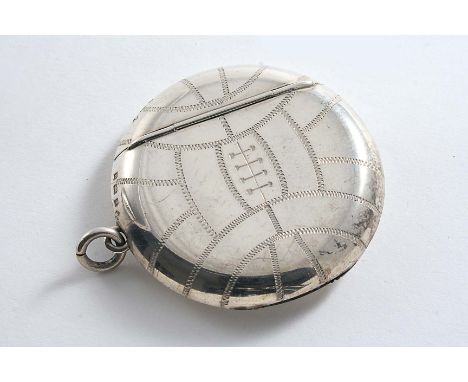 AN EDWARDIAN CIRCULAR VESTA CASE engraved on the front to resemble a football, the reverse inscribed "W.Heggs Oct 16.1906 W.M