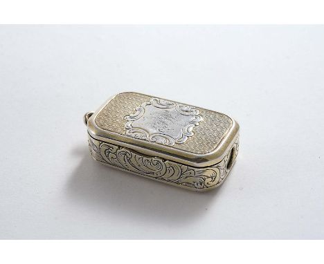 A VICTORIAN SMALL EARLY PARCELGILT VESTA CASE with engine-turning & engraved sides, and a cigar cutter at one end, by Benjami