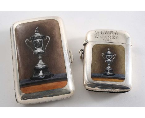 AN EDWARDIAN VESTA CASE enamelled on the cover with a bowling trophy cup & cover, inscribed "W&W.B.A W.James 1902", suspensor