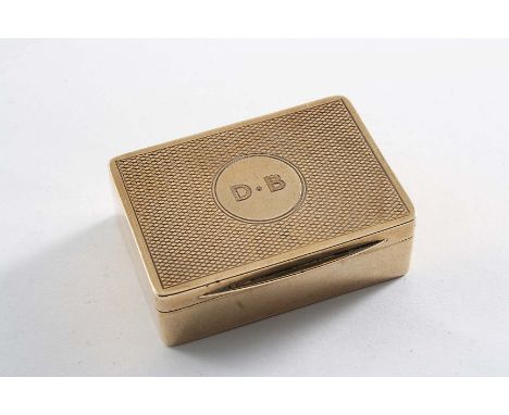 A 9 CT. GOLD VESTA BOX oblong with an engine-turned cover, initialled "D.B", the inside cover inscribed "Dorothy Bourn 210 KN