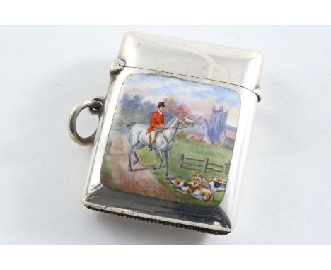A LATE VICTORIAN VESTA CASE enamelled on the front with a fox hunting scene, suspensory ring, maker's mark "WH?", Birmingham 