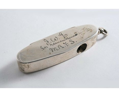 A VICTORIAN COMBINED VESTA CASE & CIGAR CUTTER resembling a penknife, with a suspensory ring at one end, the cover inscribed 